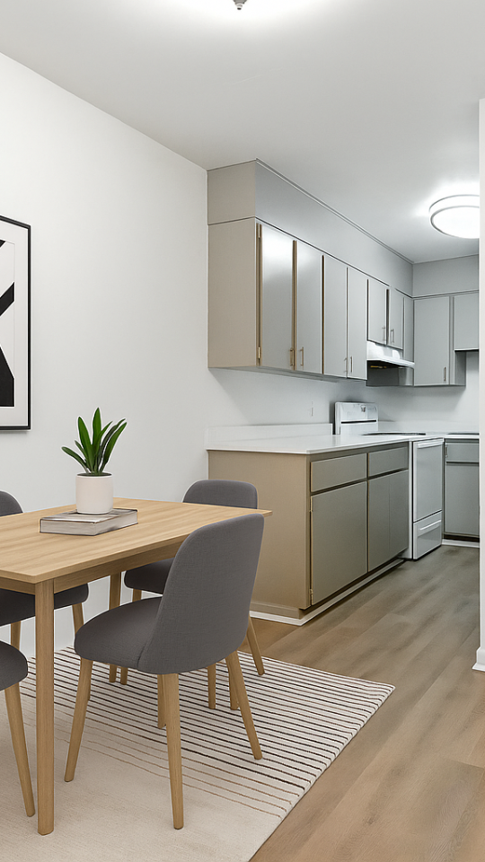 a dining room table and chairs in a room