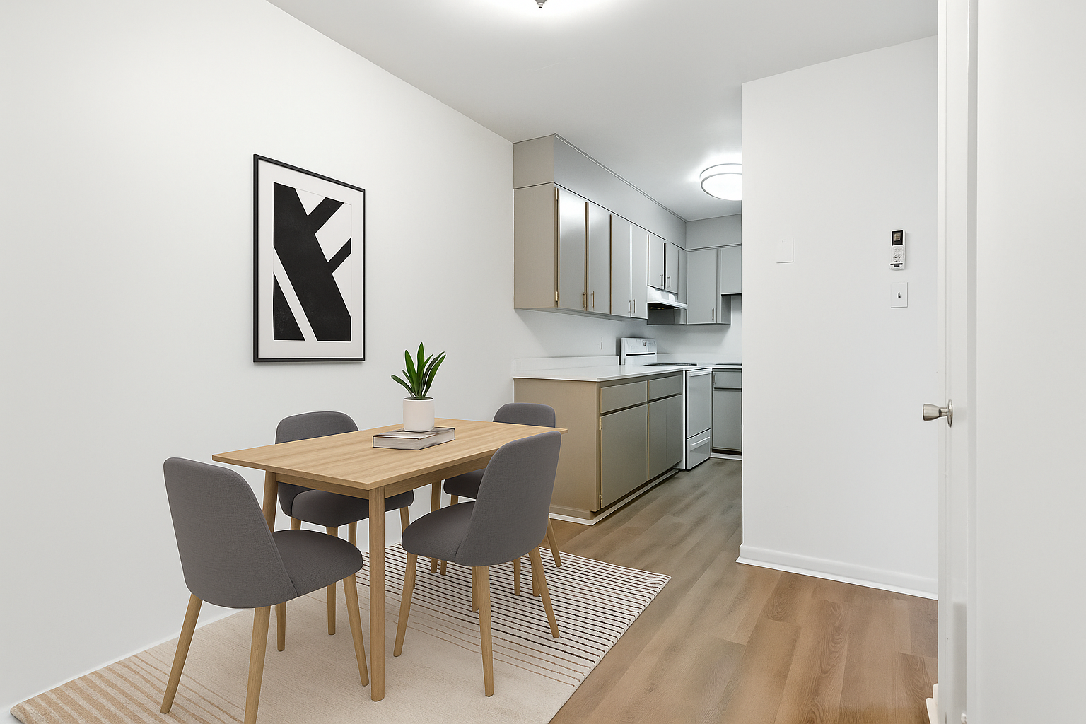 a dining room table and chairs in a room