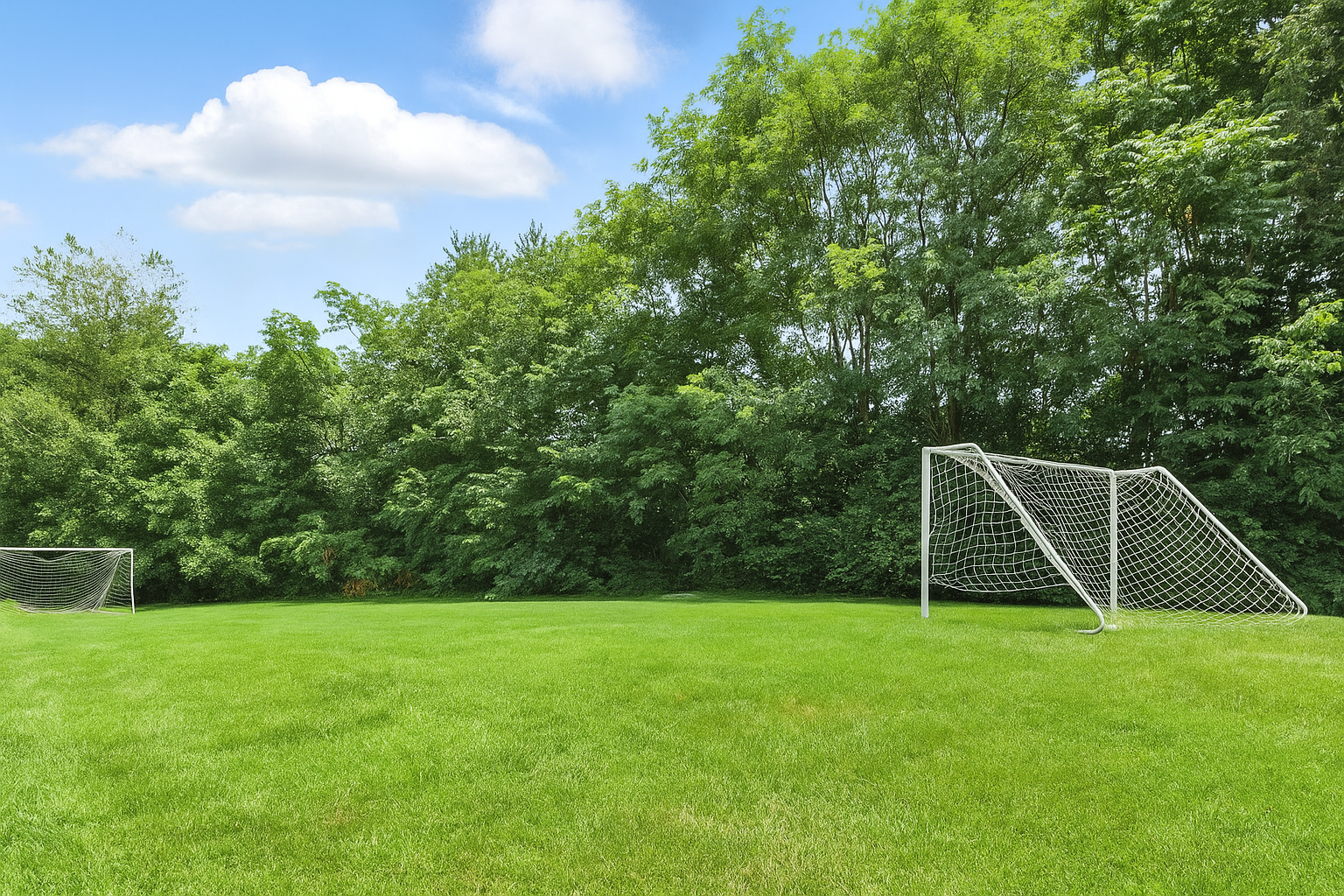 a grassy field with a soccer ball in the middle of it